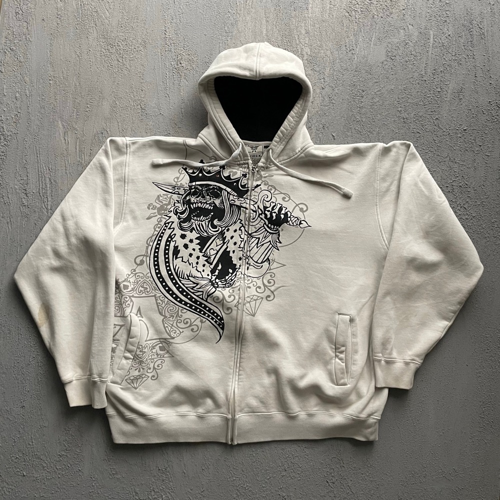 Vintage Graphic Print Zip Up Hoodie Mens XXL White Y2K Avirex